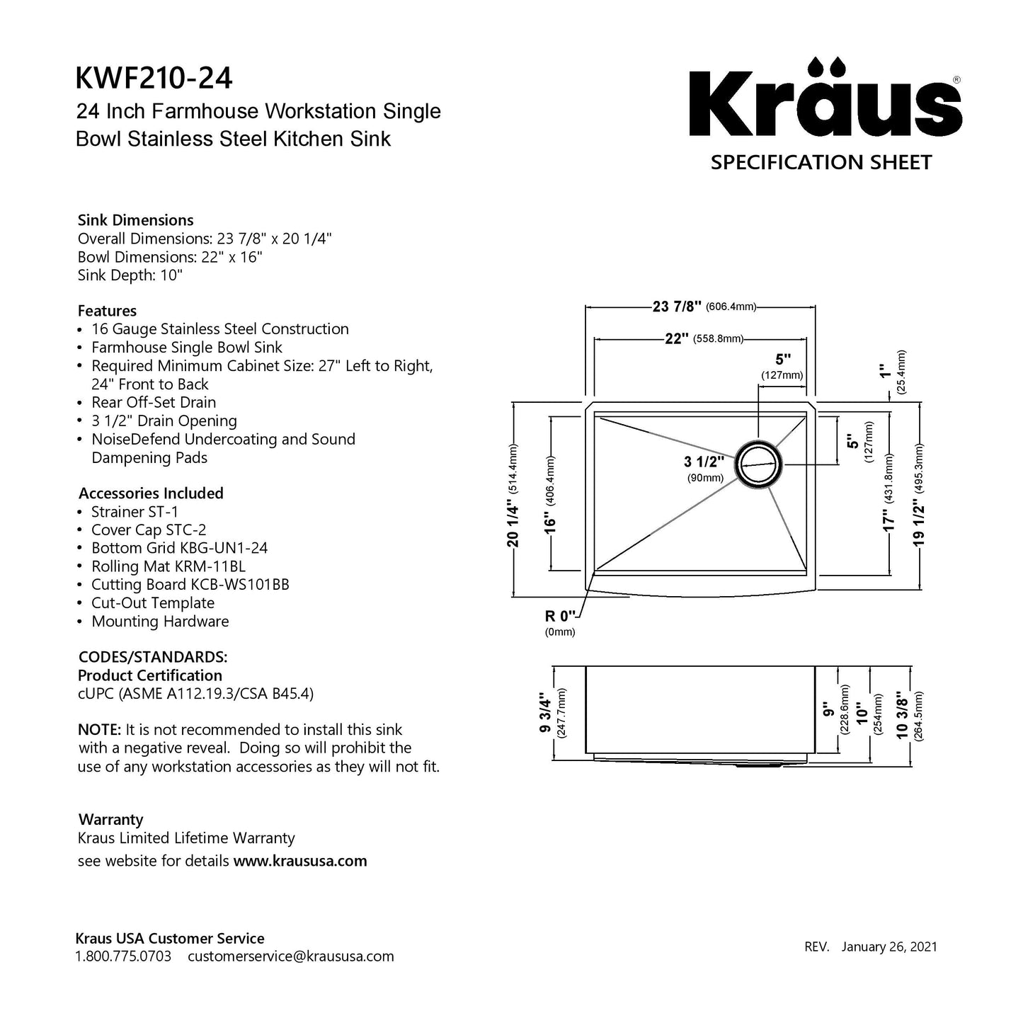 KRAUS Kore 24" Apron Front Workstation 16 Gauge Stainless Steel Single Bowl Kitchen Sink with Accessories - KWF210-24