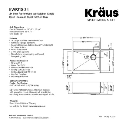 KRAUS Kore 24" Apron Front Workstation 16 Gauge Stainless Steel Single Bowl Kitchen Sink with Accessories - KWF210-24