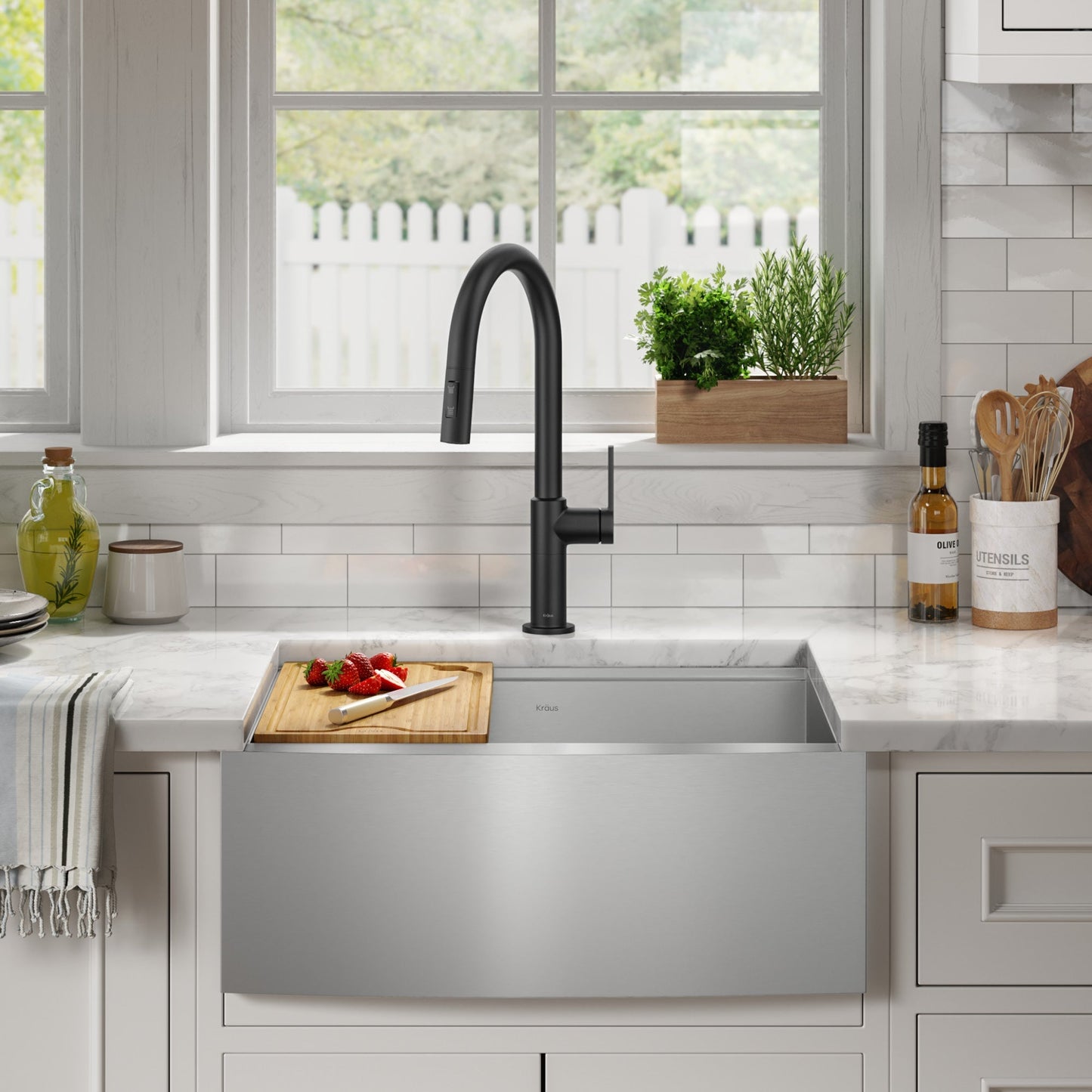 KRAUS Kore 24" Apron Front Workstation 16 Gauge Stainless Steel Single Bowl Kitchen Sink with Accessories - KWF210-24