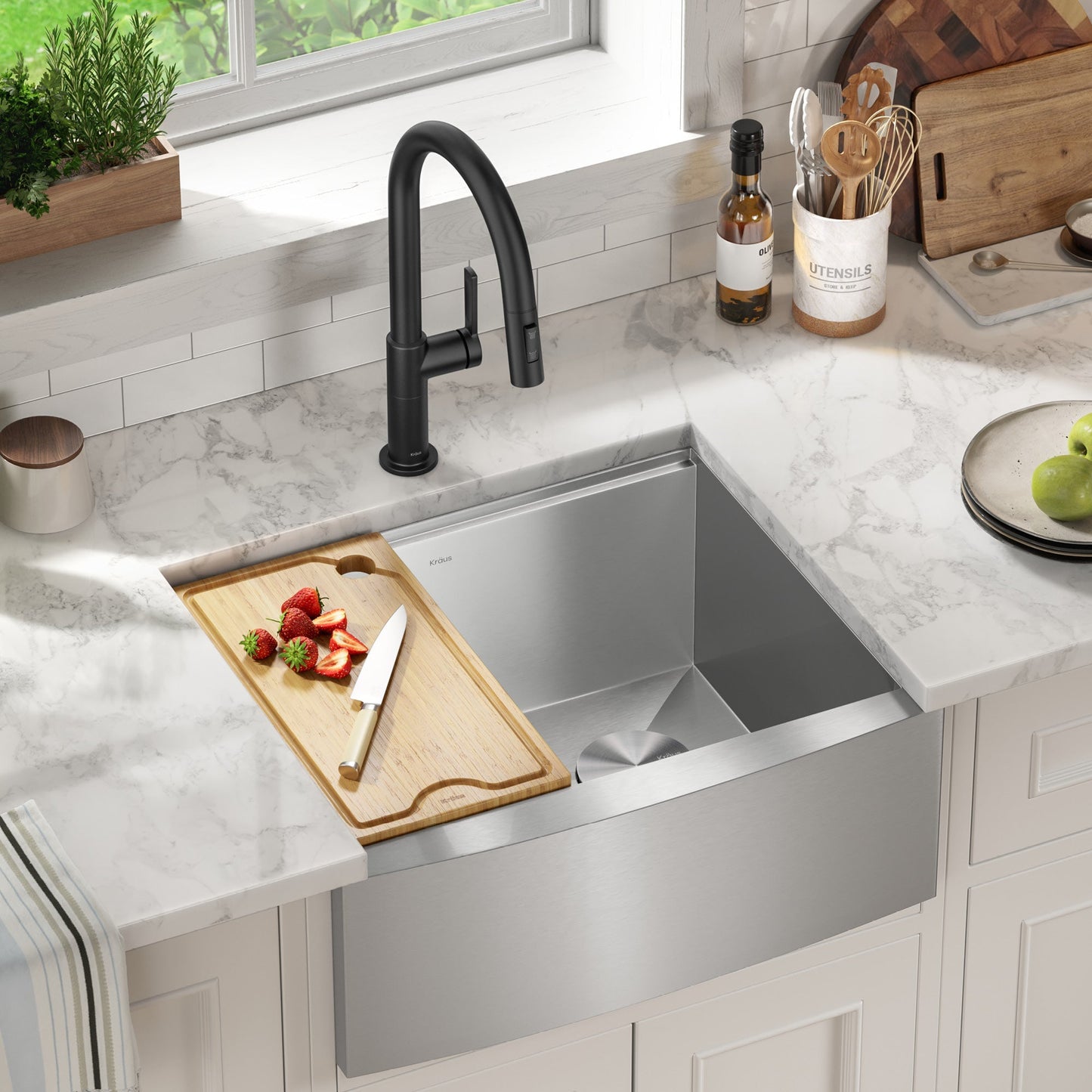 KRAUS Kore 24" Apron Front Workstation 16 Gauge Stainless Steel Single Bowl Kitchen Sink with Accessories - KWF210-24