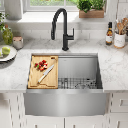 KRAUS Kore 24" Apron Front Workstation 16 Gauge Stainless Steel Single Bowl Kitchen Sink with Accessories - KWF210-24