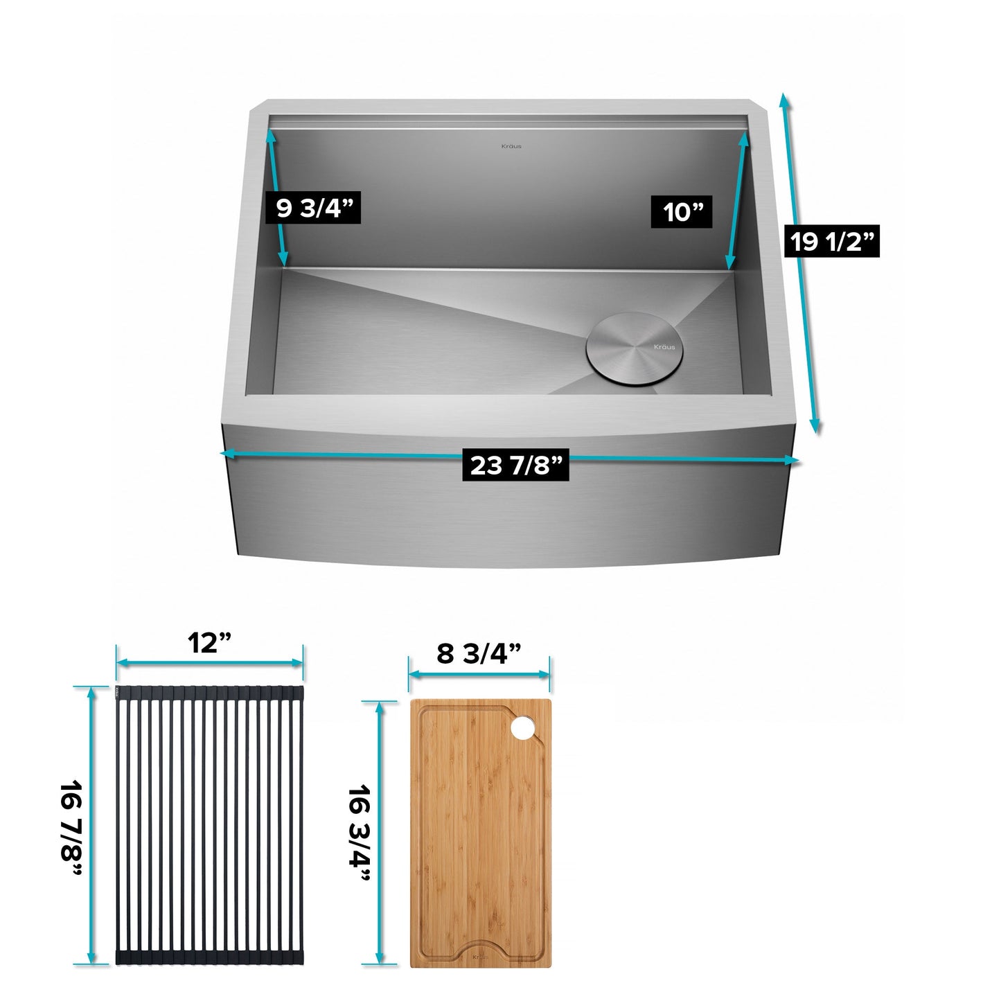 KRAUS Kore 24" Apron Front Workstation 16 Gauge Stainless Steel Single Bowl Kitchen Sink with Accessories - KWF210-24