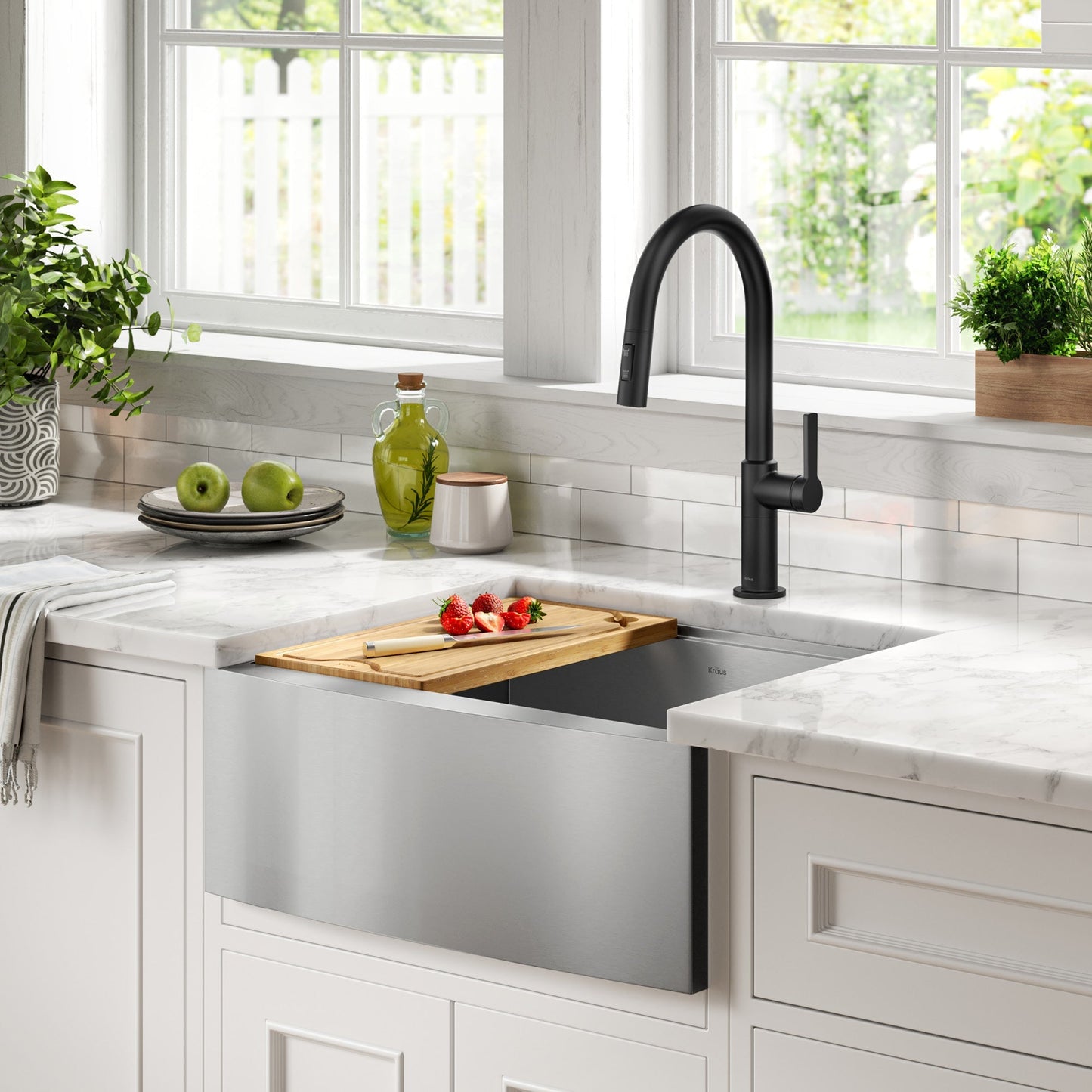 KRAUS Kore 24" Apron Front Workstation 16 Gauge Stainless Steel Single Bowl Kitchen Sink with Accessories - KWF210-24