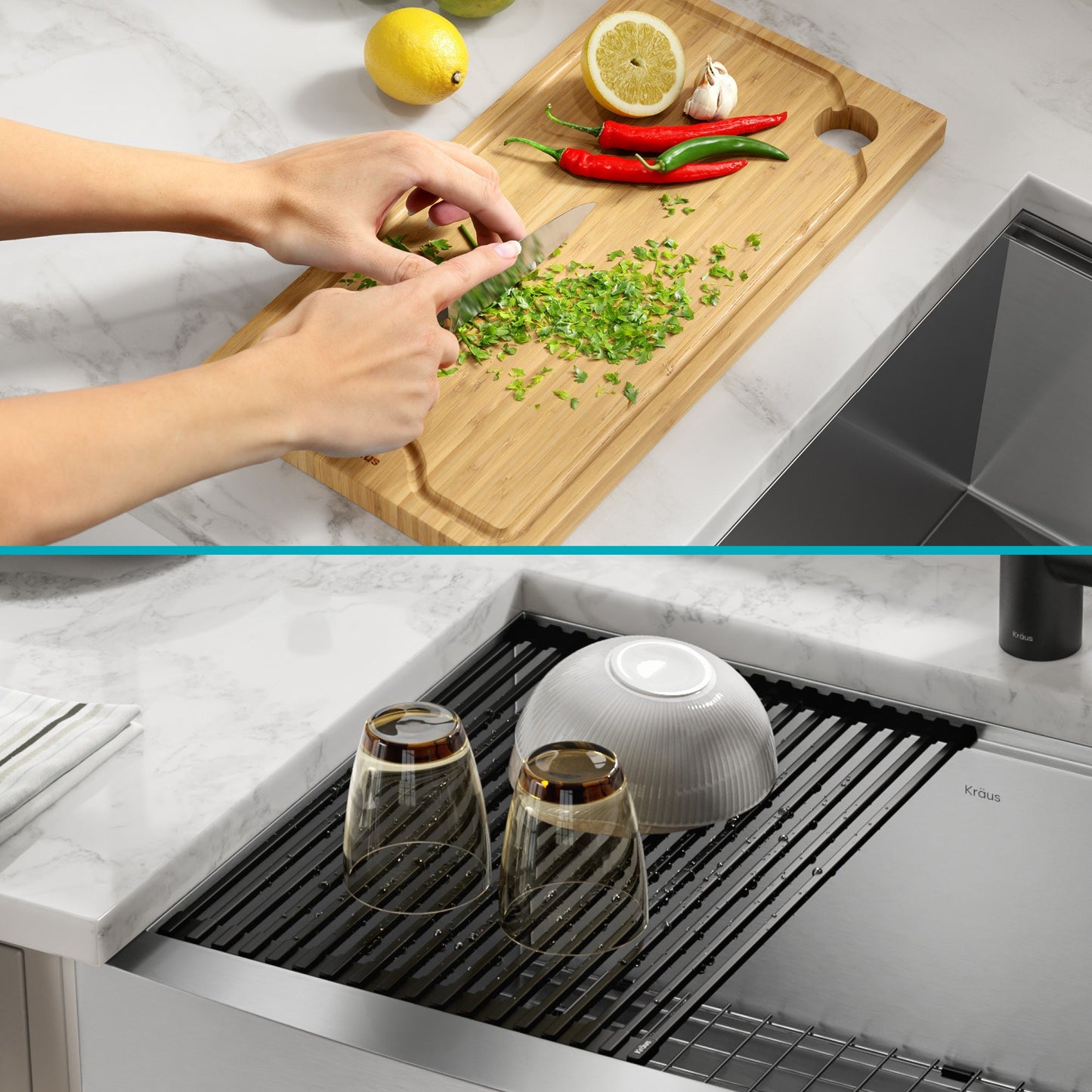 KRAUS Kore 24" Apron Front Workstation 16 Gauge Stainless Steel Single Bowl Kitchen Sink with Accessories - KWF210-24