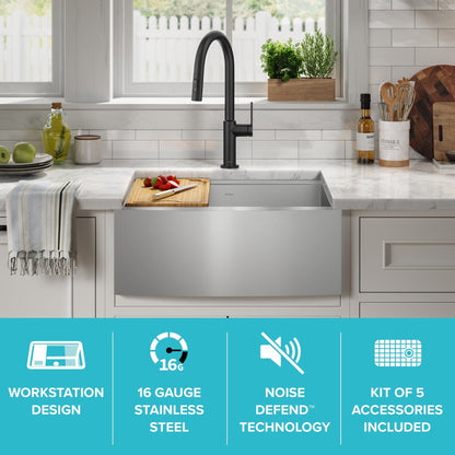 KRAUS Kore 24" Apron Front Workstation 16 Gauge Stainless Steel Single Bowl Kitchen Sink with Accessories - KWF210-24