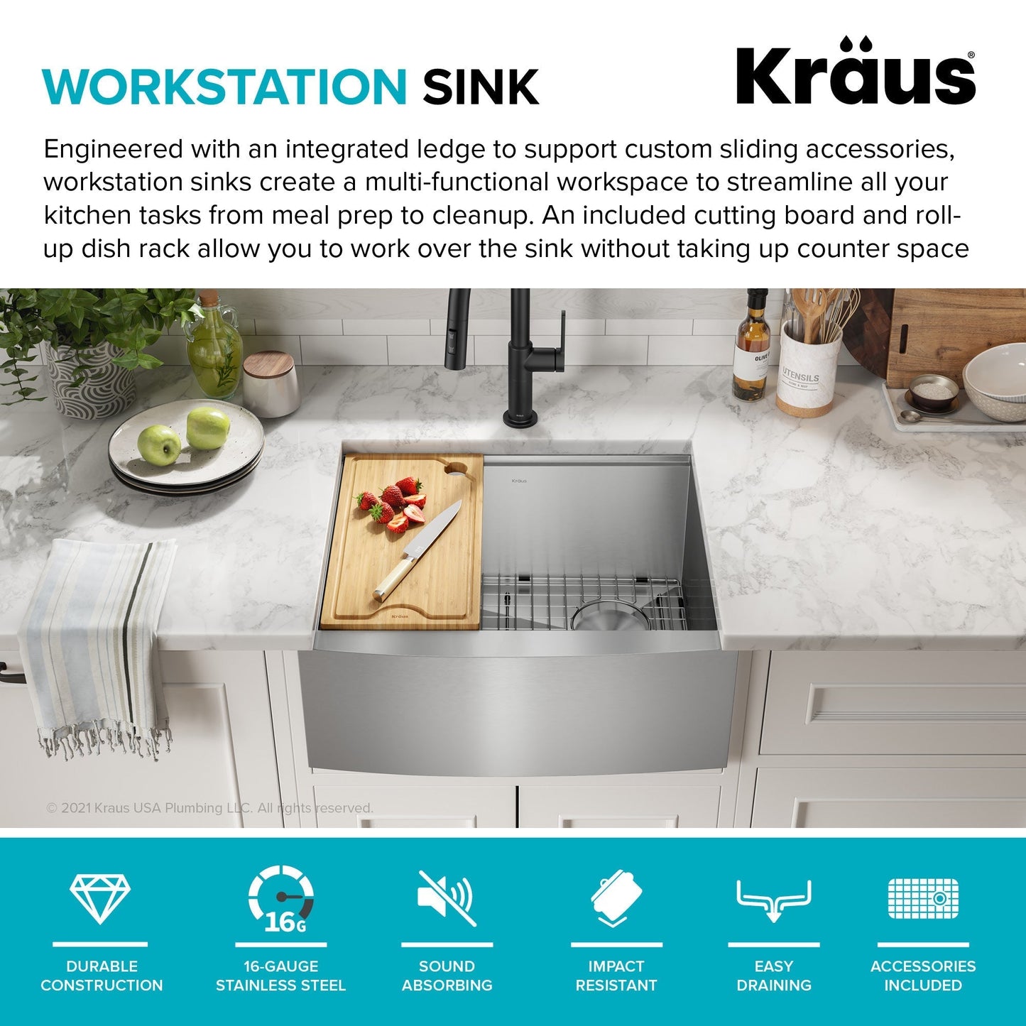 KRAUS Kore 24" Apron Front Workstation 16 Gauge Stainless Steel Single Bowl Kitchen Sink with Accessories - KWF210-24