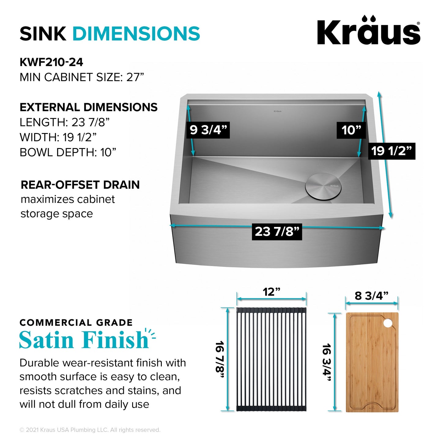 KRAUS Kore 24" Apron Front Workstation 16 Gauge Stainless Steel Single Bowl Kitchen Sink with Accessories - KWF210-24