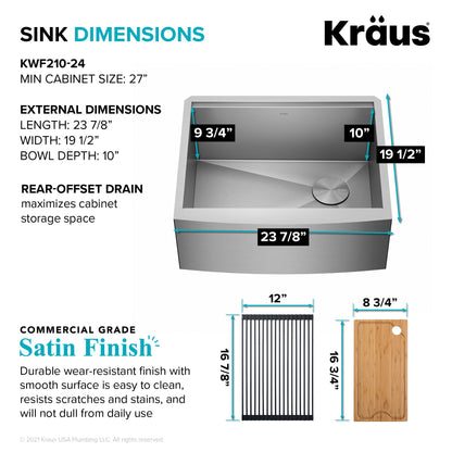 KRAUS Kore 24" Apron Front Workstation 16 Gauge Stainless Steel Single Bowl Kitchen Sink with Accessories - KWF210-24