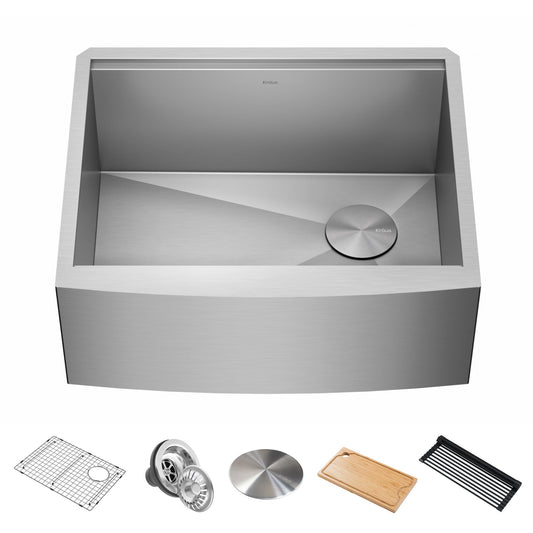 KRAUS Kore 24" Apron Front Workstation 16 Gauge Stainless Steel Single Bowl Kitchen Sink with Accessories - KWF210-24