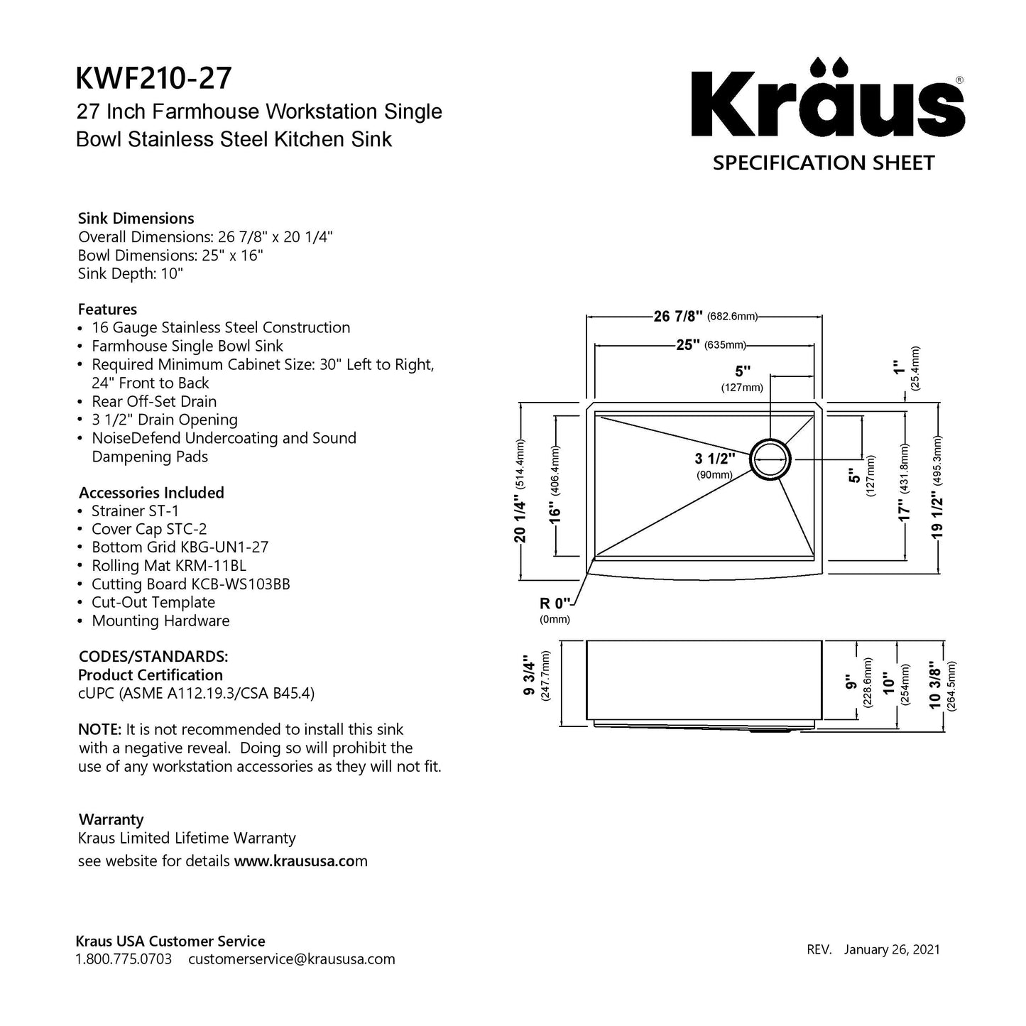 KRAUS Kore 27" Apron Front Workstation 16 Gauge Stainless Steel Kitchen Sink - KWF210-27