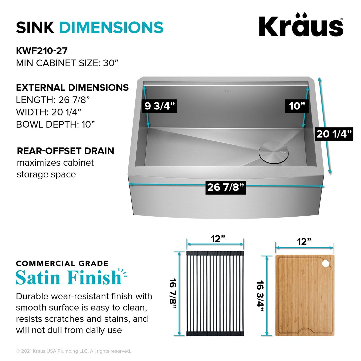 KRAUS Kore 27" Apron Front Workstation 16 Gauge Stainless Steel Kitchen Sink - KWF210-27