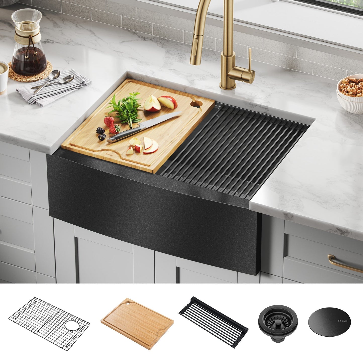 KRAUS Kore 27" Apron Front Workstation 16 Gauge Stainless Steel Kitchen Sink in PVD Gunmetal Finish - KWF210-27-PGM