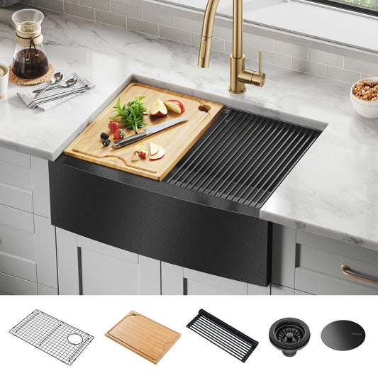 KRAUS Kore 27" Apron Front Workstation 16 Gauge Stainless Steel Kitchen Sink in PVD Gunmetal Finish - KWF210-27-PGM