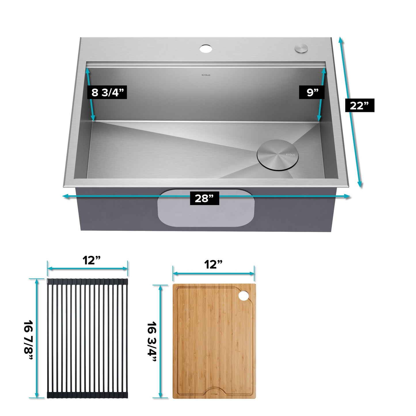 KRAUS Kore 28" Drop-In Workstation 16 Gauge Stainless Steel Single Bowl Kitchen Sink with Accessories - KWT310-28