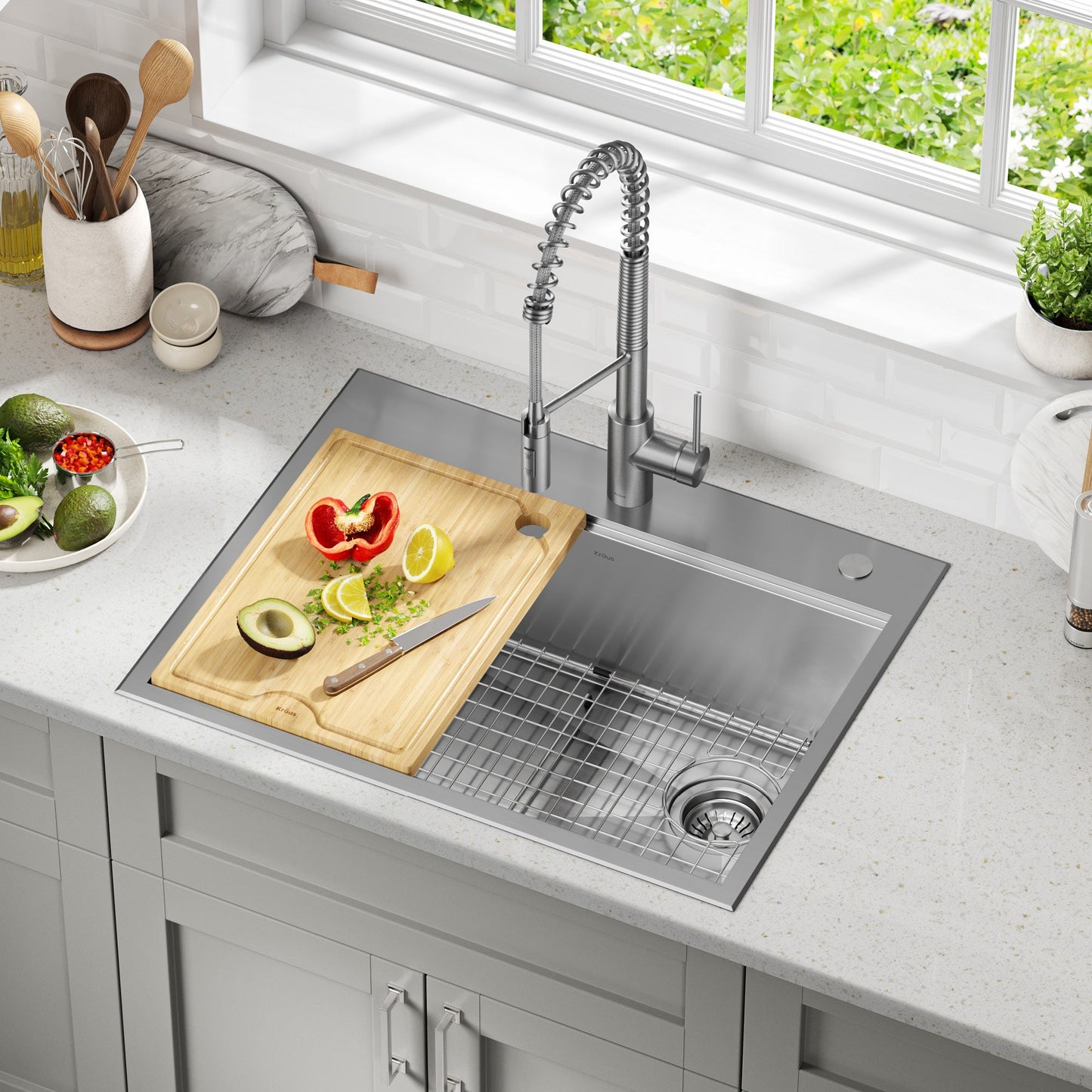 KRAUS Kore 28" Drop-In Workstation 16 Gauge Stainless Steel Single Bowl Kitchen Sink with Accessories - KWT310-28