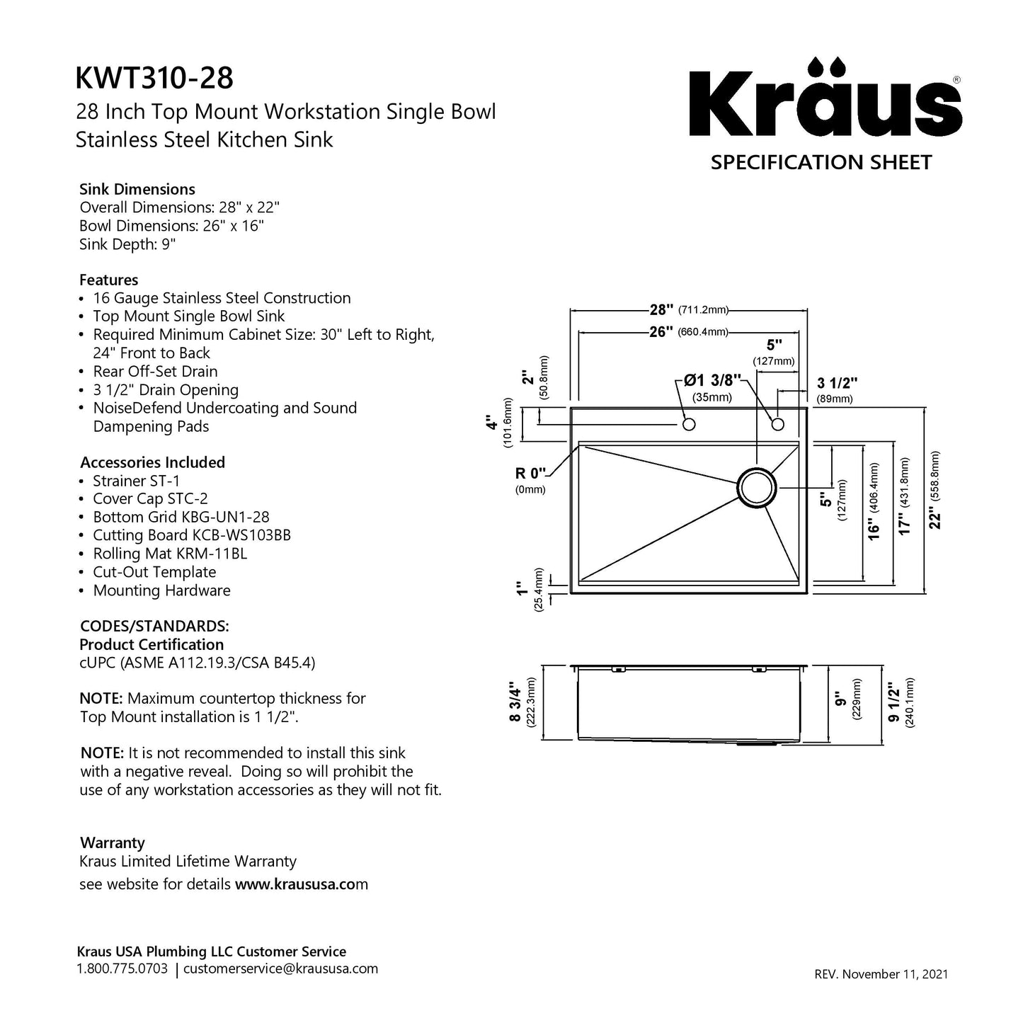 KRAUS Kore 28" Drop-In Workstation 16 Gauge Stainless Steel Single Bowl Kitchen Sink with Accessories - KWT310-28