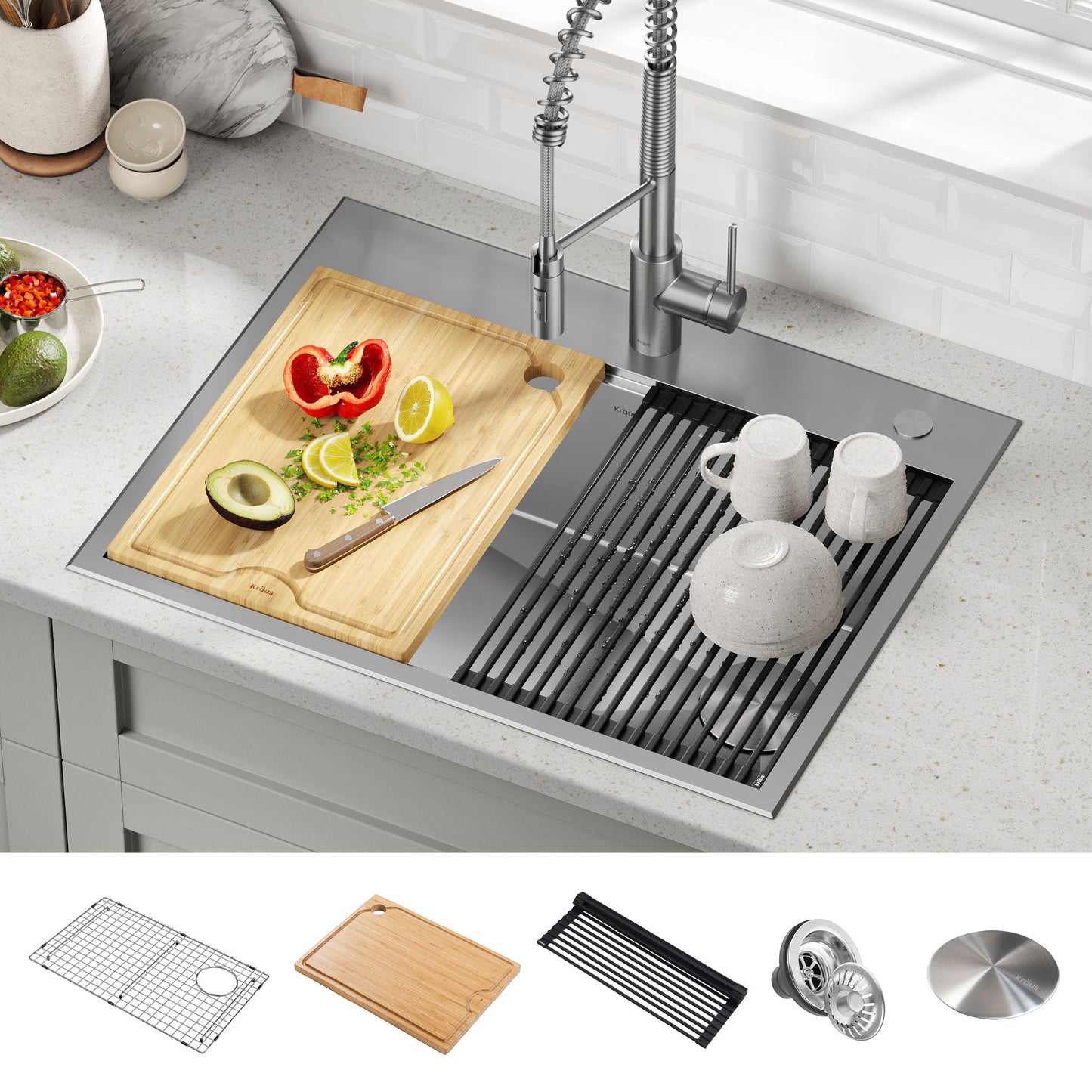 KRAUS Kore 28" Drop-In Workstation 16 Gauge Stainless Steel Single Bowl Kitchen Sink with Accessories - KWT310-28