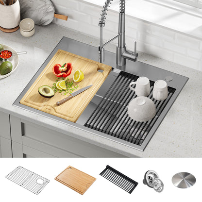 KRAUS Kore 28" Drop-In Workstation 16 Gauge Stainless Steel Single Bowl Kitchen Sink with Accessories - KWT310-28