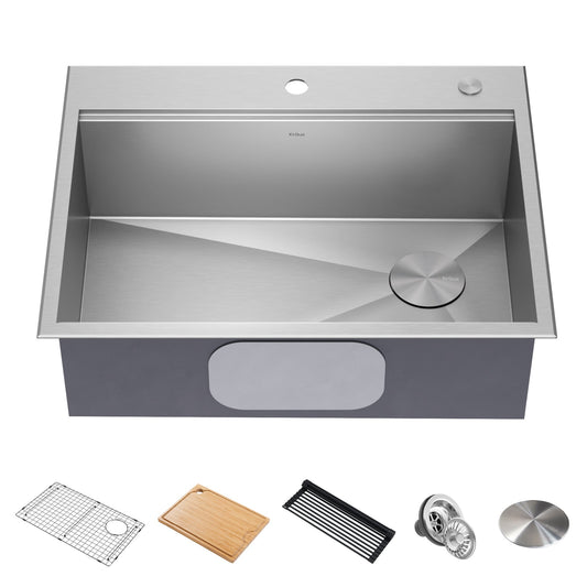 KRAUS Kore 28" Drop-In Workstation 16 Gauge Stainless Steel Single Bowl Kitchen Sink with Accessories - KWT310-28