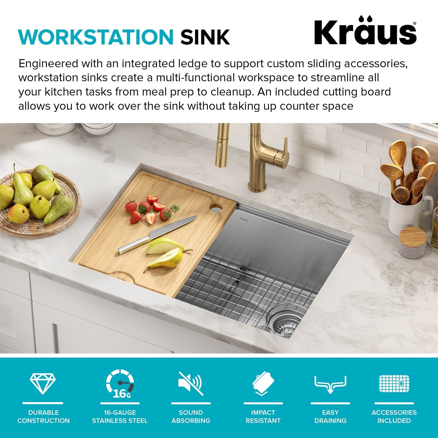 KRAUS Kore 28" Undermount Workstation 16 Gauge Stainless Steel Single Bowl Kitchen Sink with Accessories - KWU110-28
