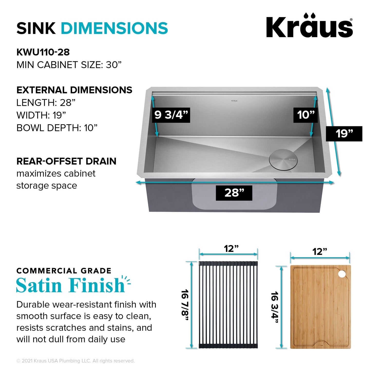 KRAUS Kore 28" Undermount Workstation 16 Gauge Stainless Steel Single Bowl Kitchen Sink with Accessories - KWU110-28