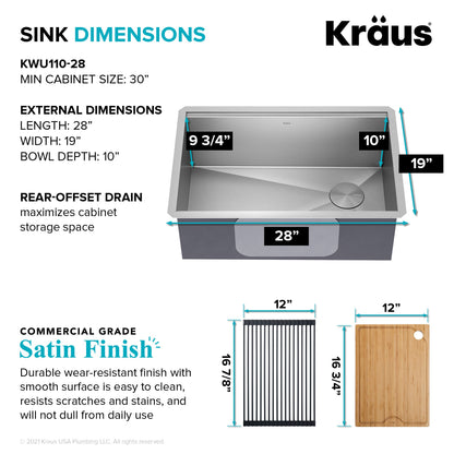 KRAUS Kore 28" Undermount Workstation 16 Gauge Stainless Steel Single Bowl Kitchen Sink with Accessories - KWU110-28