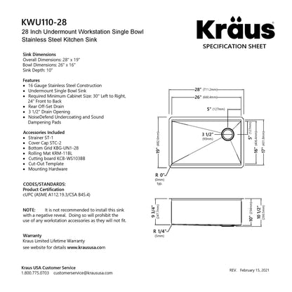 KRAUS Kore 28" Undermount Workstation 16 Gauge Stainless Steel Single Bowl Kitchen Sink with Accessories - KWU110-28
