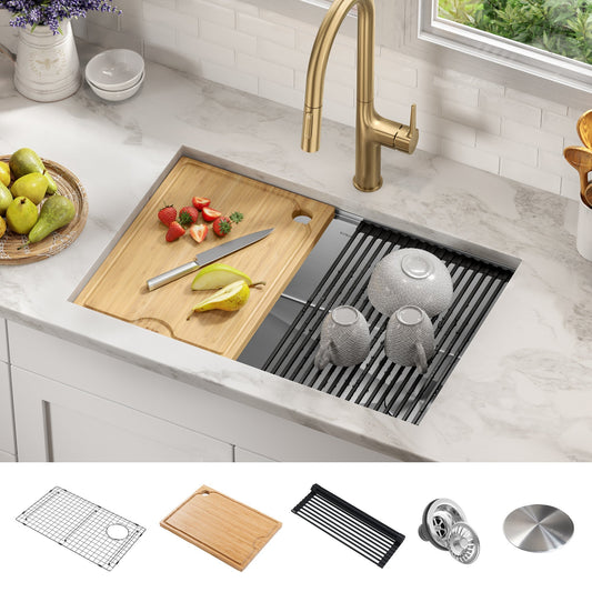 KRAUS Kore 28" Undermount Workstation 16 Gauge Stainless Steel Single Bowl Kitchen Sink with Accessories - KWU110-28