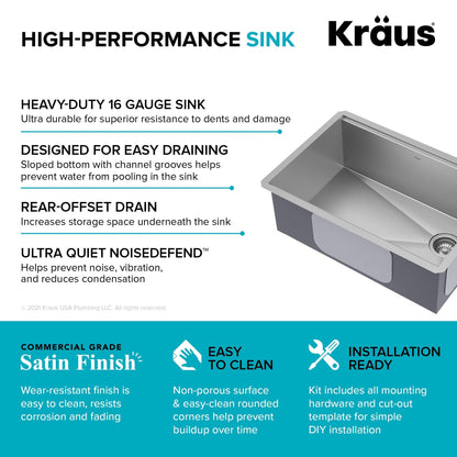 KRAUS Kore 28" Undermount Workstation 16 Gauge Stainless Steel Single Bowl Kitchen Sink with Accessories - KWU110-28