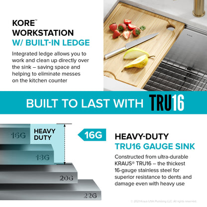 KRAUS Kore 28" Undermount Workstation 16 Gauge Stainless Steel Single Bowl Kitchen Sink with Accessories - KWU110-28
