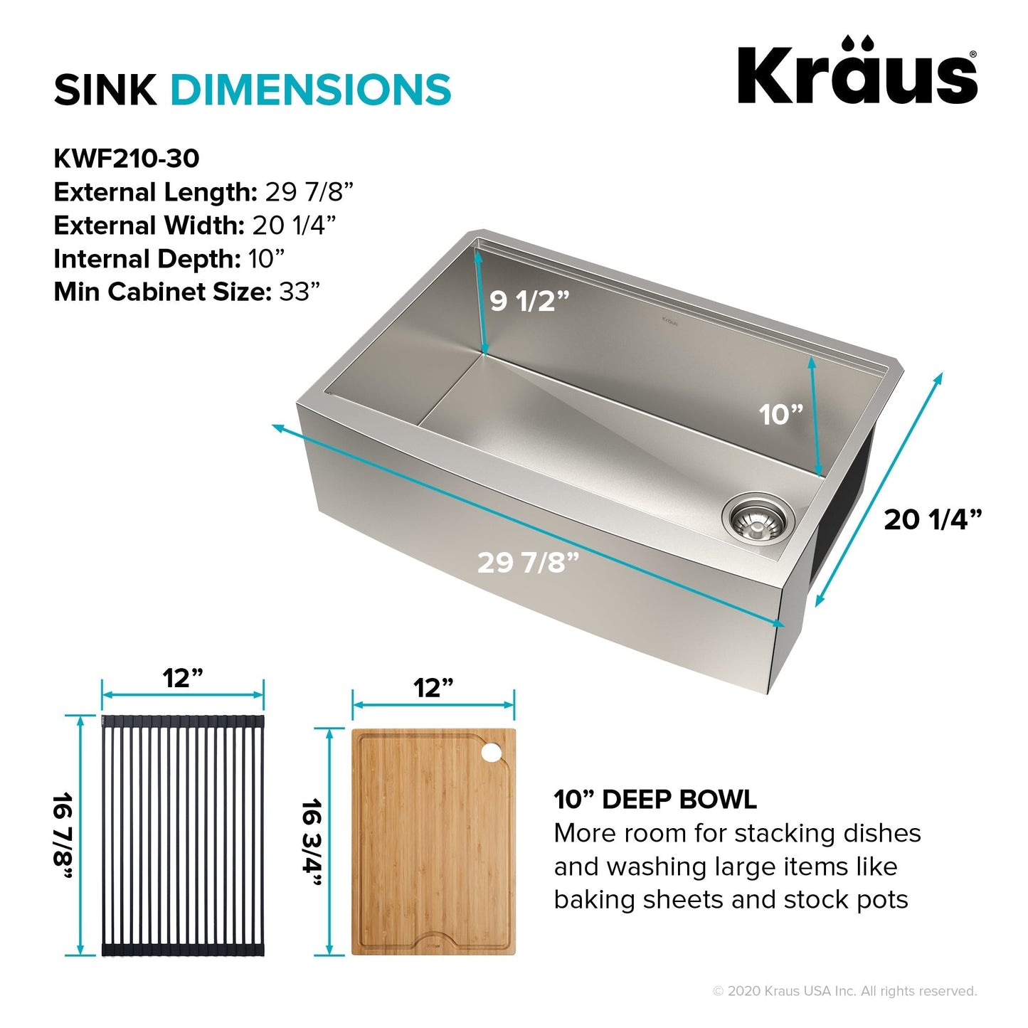 KRAUS Kore 30" 16 Gauge Farmhouse Workstation Kitchen Sink - KWF210-30