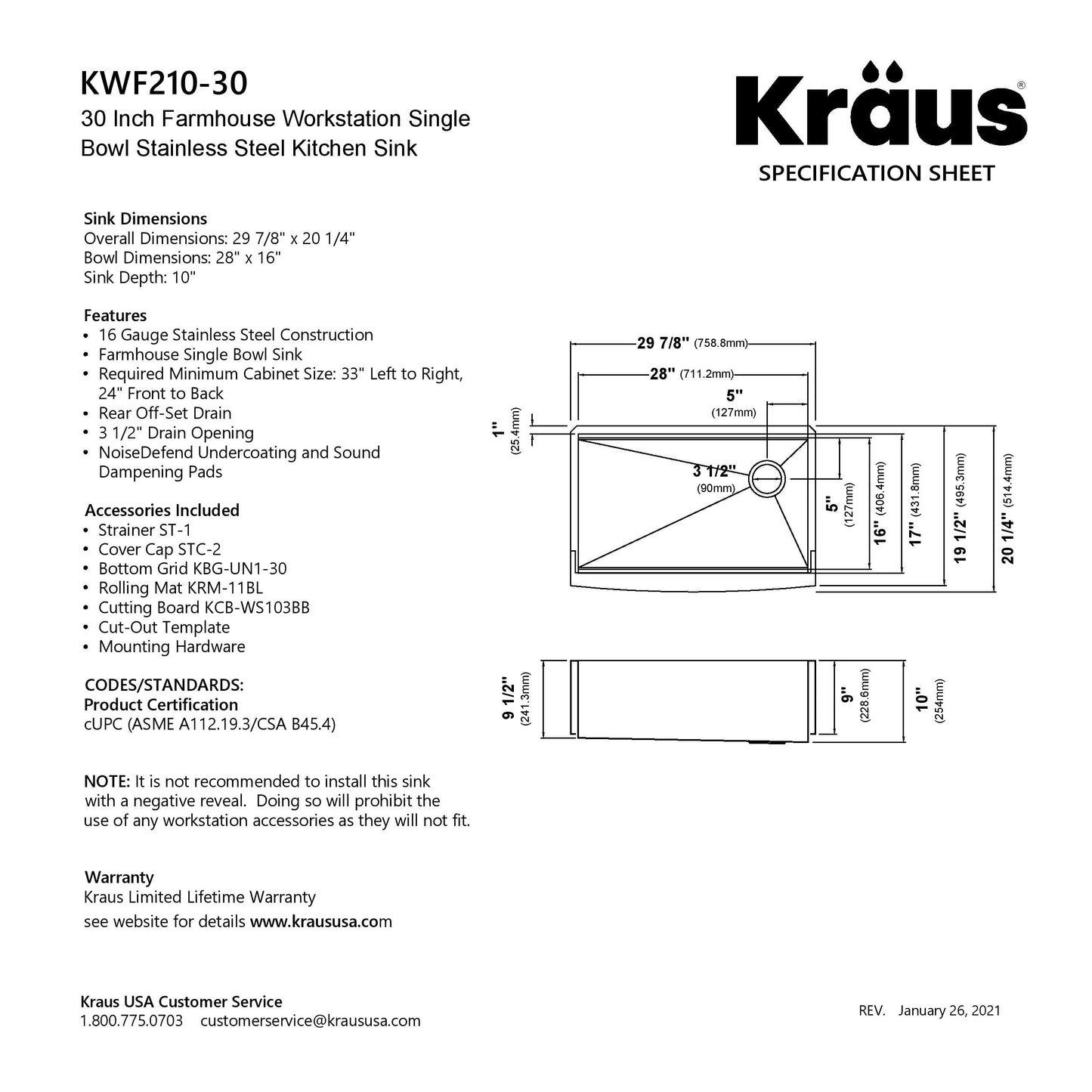 KRAUS Kore 30" 16 Gauge Farmhouse Workstation Kitchen Sink - KWF210-30