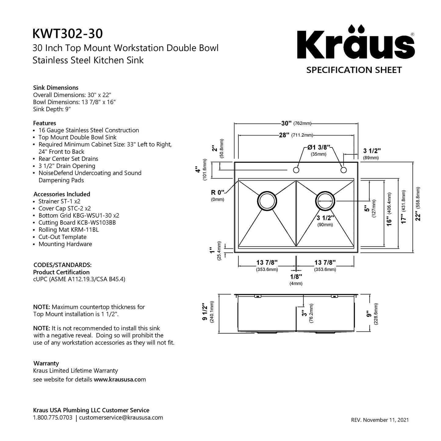 KRAUS Kore 30" Double Bowl Drop-In Workstation 16 Gauge Stainless Steel Kitchen Sink with Accessories - KWT302-30