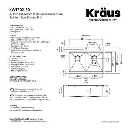 KRAUS Kore 30" Double Bowl Drop-In Workstation 16 Gauge Stainless Steel Kitchen Sink with Accessories - KWT302-30
