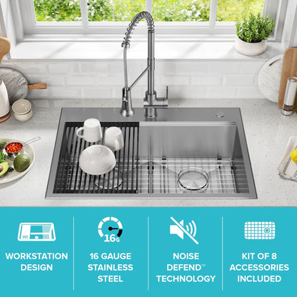 KRAUS Kore 30" Double Bowl Drop-In Workstation 16 Gauge Stainless Steel Kitchen Sink with Accessories - KWT302-30