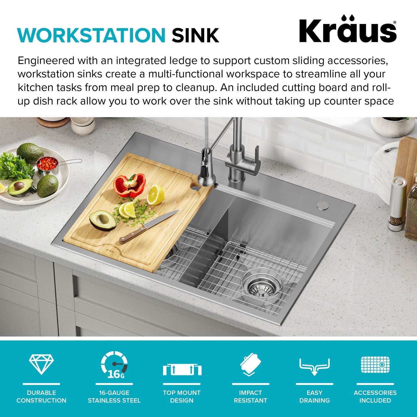 KRAUS Kore 30" Double Bowl Drop-In Workstation 16 Gauge Stainless Steel Kitchen Sink with Accessories - KWT302-30