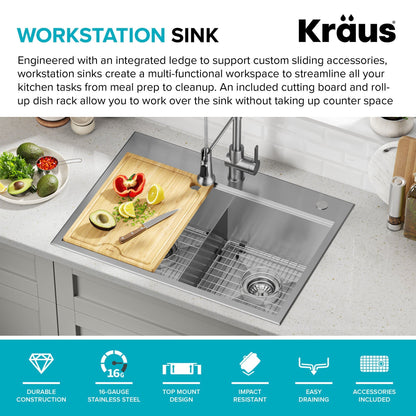 KRAUS Kore 30" Double Bowl Drop-In Workstation 16 Gauge Stainless Steel Kitchen Sink with Accessories - KWT302-30