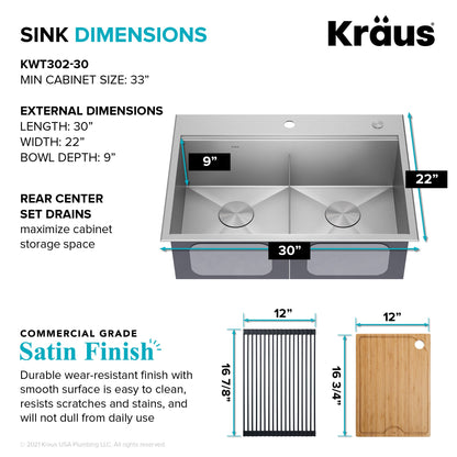 KRAUS Kore 30" Double Bowl Drop-In Workstation 16 Gauge Stainless Steel Kitchen Sink with Accessories - KWT302-30