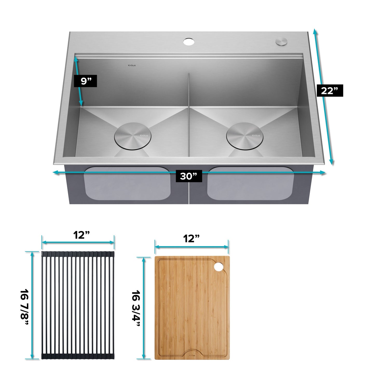 KRAUS Kore 30" Double Bowl Drop-In Workstation 16 Gauge Stainless Steel Kitchen Sink with Accessories - KWT302-30
