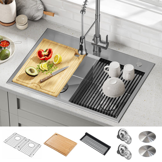 KRAUS Kore 30" Double Bowl Drop-In Workstation 16 Gauge Stainless Steel Kitchen Sink with Accessories - KWT302-30
