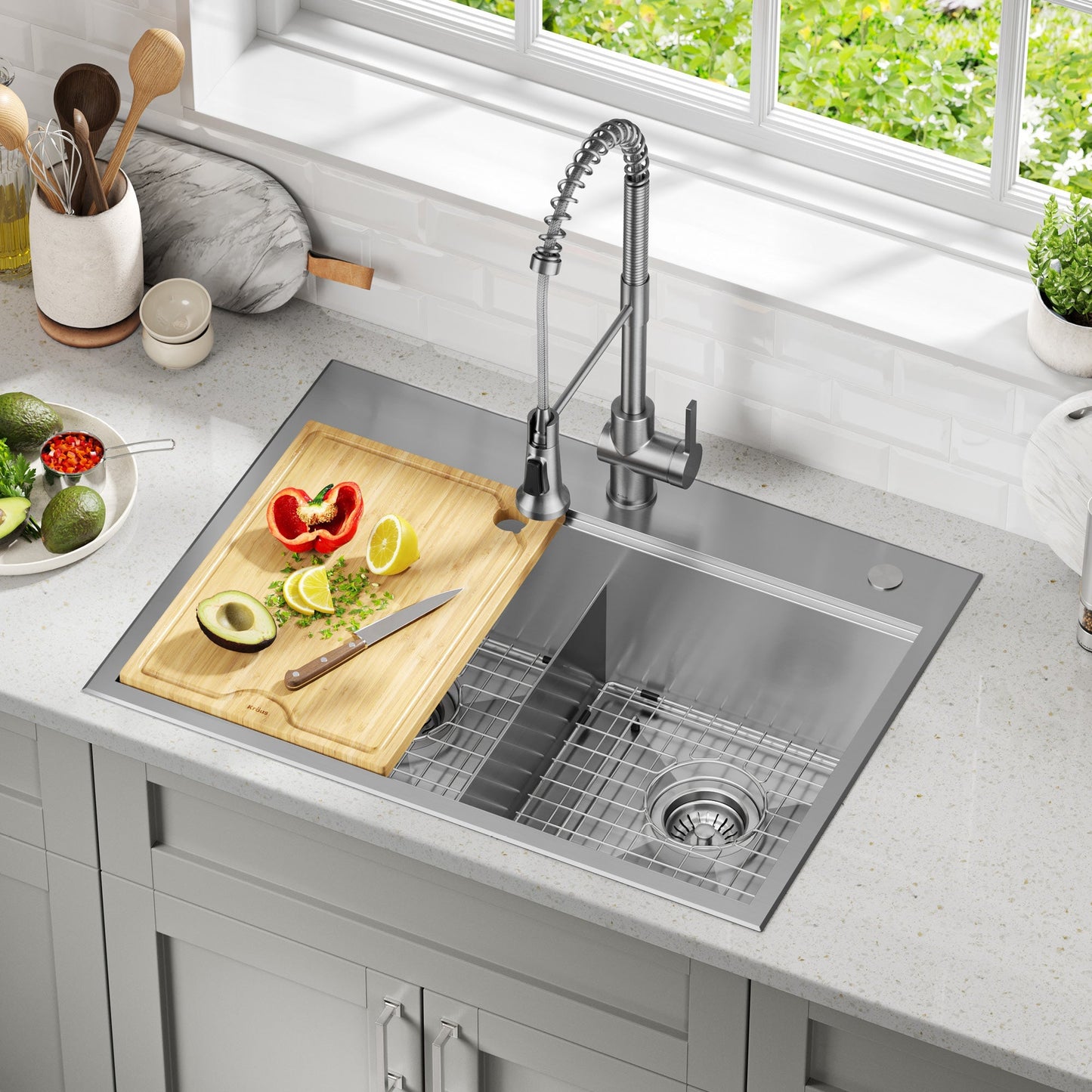 KRAUS Kore 30" Double Bowl Drop-In Workstation 16 Gauge Stainless Steel Kitchen Sink with Accessories - KWT302-30
