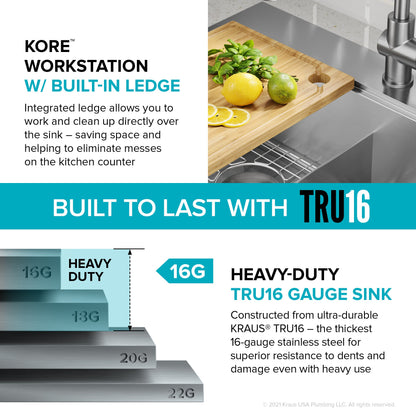 KRAUS Kore 30" Double Bowl Drop-In Workstation 16 Gauge Stainless Steel Kitchen Sink with Accessories - KWT302-30