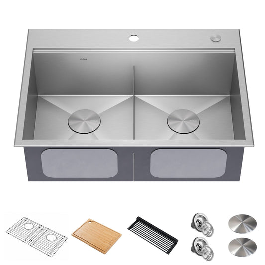 KRAUS Kore 30" Double Bowl Drop-In Workstation 16 Gauge Stainless Steel Kitchen Sink with Accessories - KWT302-30