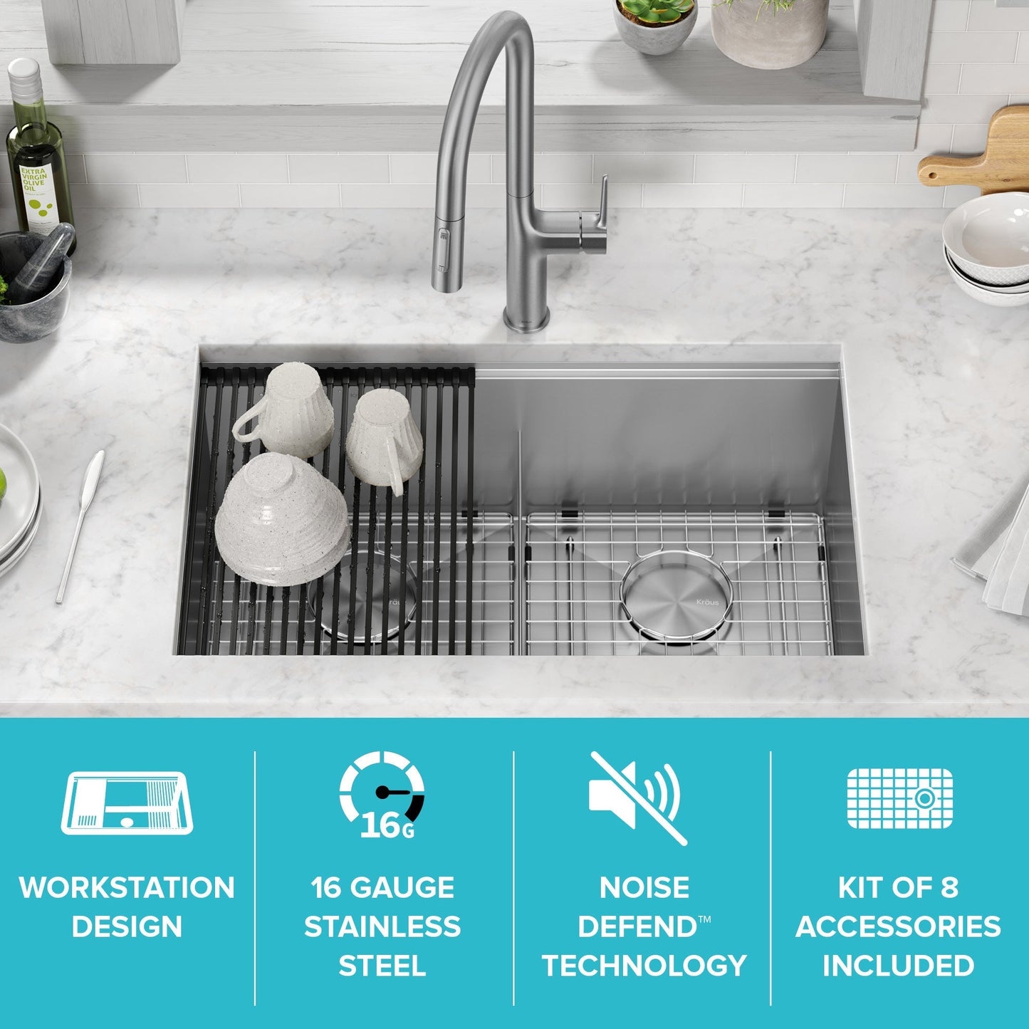 KRAUS Kore 30" Double Bowl Undermount Workstation 16 Gauge Stainless Steel Kitchen Sink with Accessories - KWU112-30