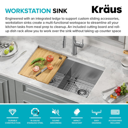 KRAUS Kore 30" Double Bowl Undermount Workstation 16 Gauge Stainless Steel Kitchen Sink with Accessories - KWU112-30