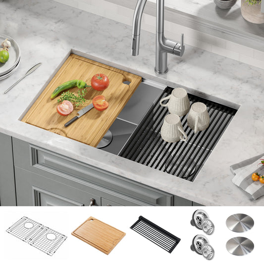 KRAUS Kore 30" Double Bowl Undermount Workstation 16 Gauge Stainless Steel Kitchen Sink with Accessories - KWU112-30