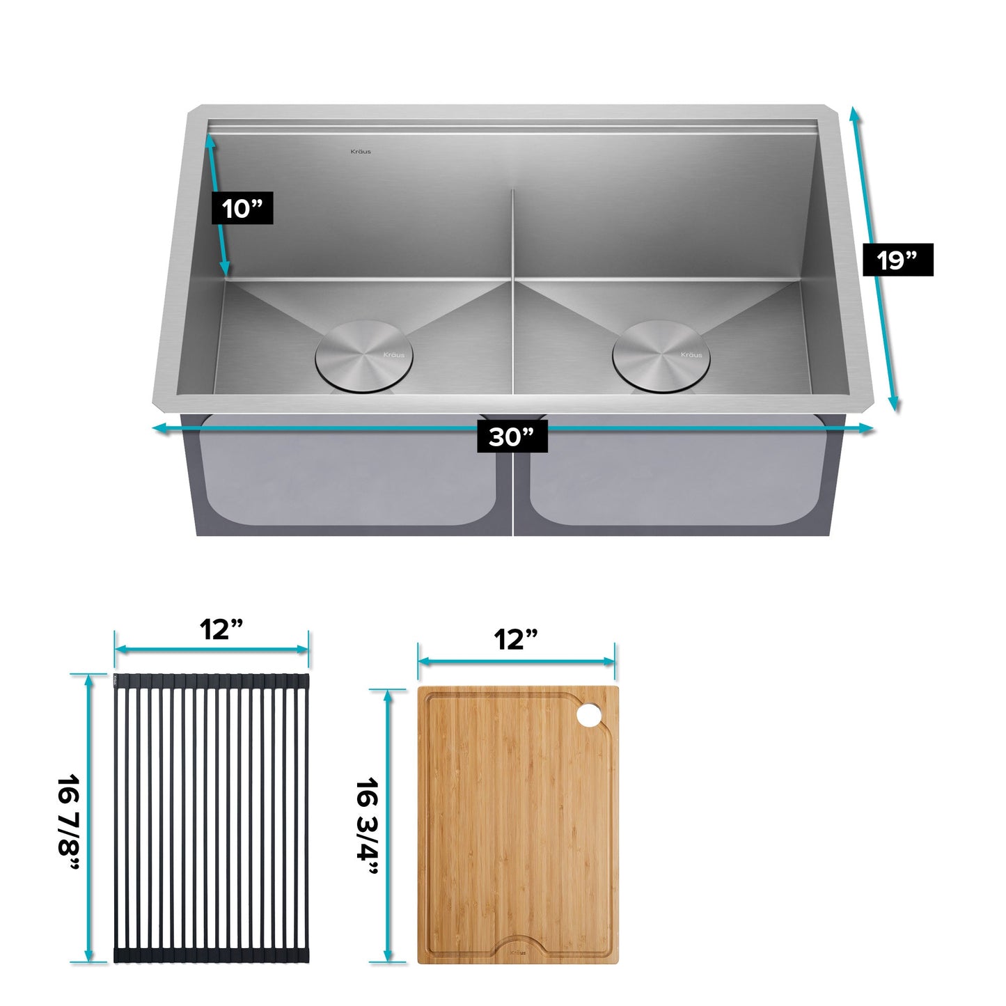 KRAUS Kore 30" Double Bowl Undermount Workstation 16 Gauge Stainless Steel Kitchen Sink with Accessories - KWU112-30