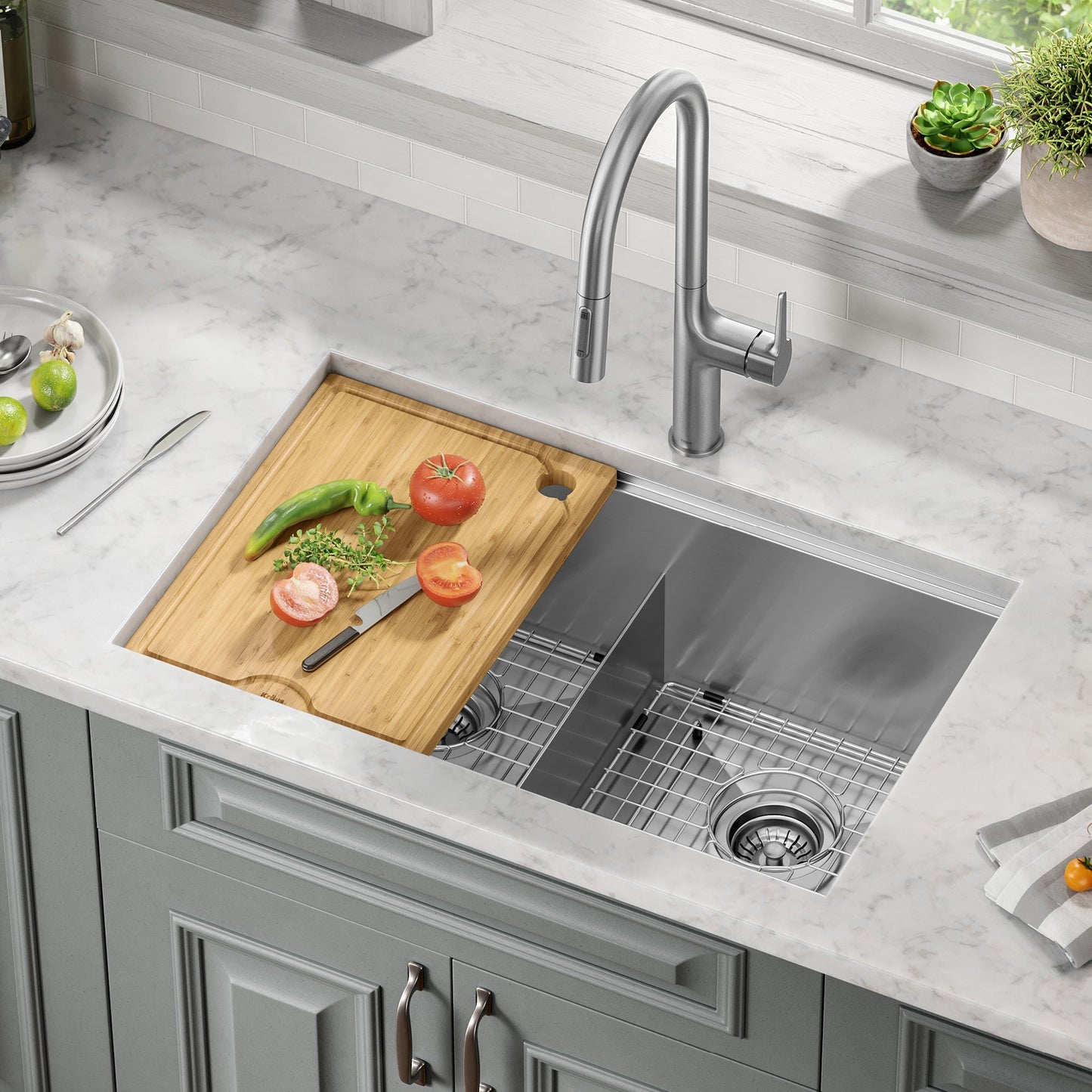 KRAUS Kore 30" Double Bowl Undermount Workstation 16 Gauge Stainless Steel Kitchen Sink with Accessories - KWU112-30