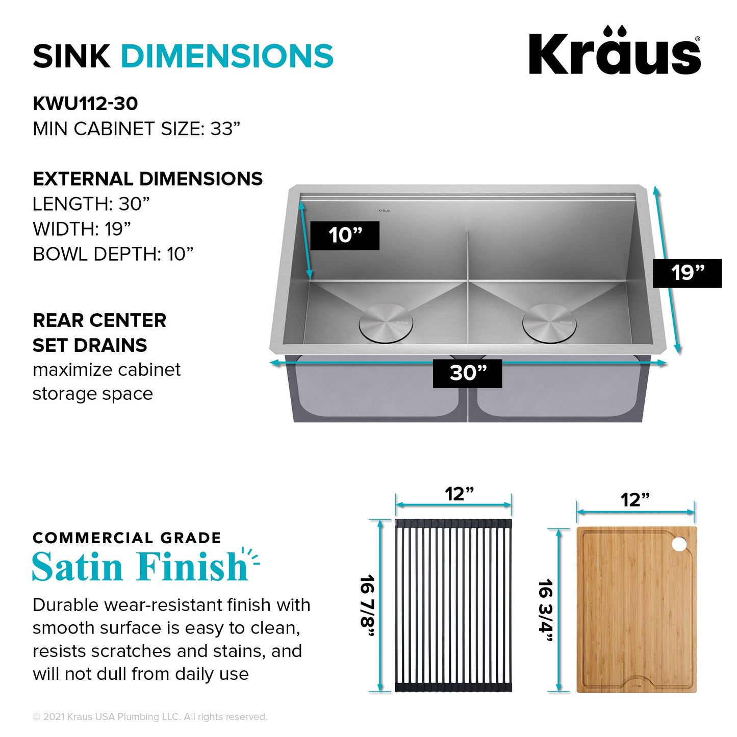 KRAUS Kore 30" Double Bowl Undermount Workstation 16 Gauge Stainless Steel Kitchen Sink with Accessories - KWU112-30