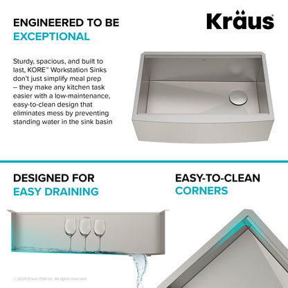 KRAUS Kore 33" 16 Gauge Farmhouse Workstation Kitchen Sink - KWF210-33